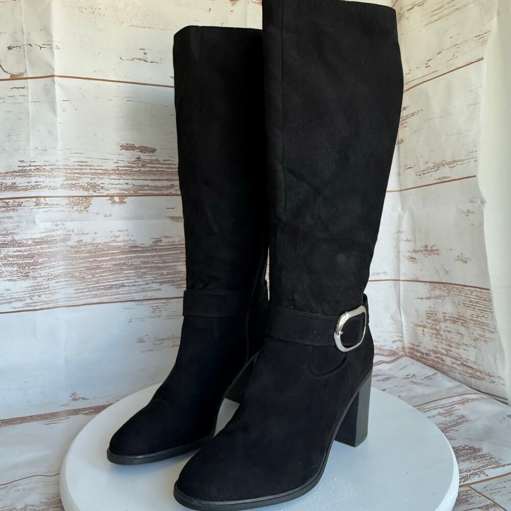 Primark Women's Silver Buckle Strap Suede Black Knee-High Boots Size 11W